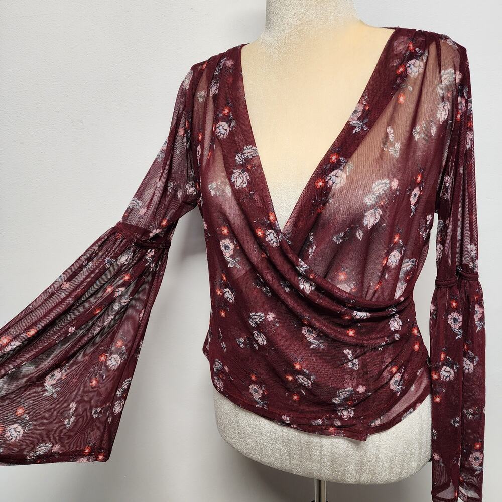 Bongo Womens Mesh Flare Sleeve Blouse Top Size L Plum Wrap Front Boho Y2K Fairy